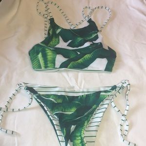 Leaf patterned bikini swim top and bottoms
